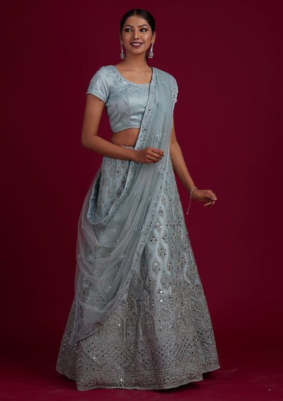 Light Grey Mirrorwork Net Designer Semi-Stitched Lehenga - Koskii