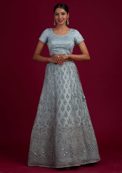 Light Grey Mirrorwork Net Designer Semi-Stitched Lehenga - Koskii