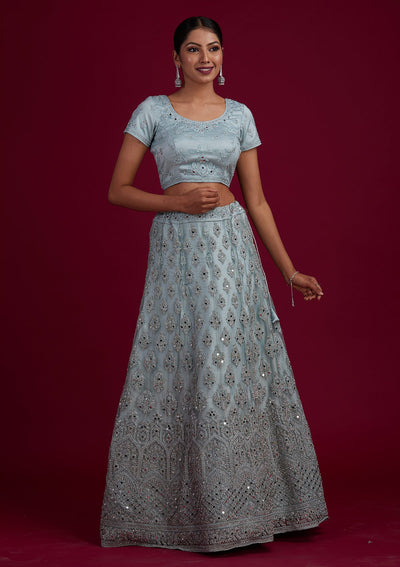 Light Grey Mirrorwork Net Designer Semi-Stitched Lehenga - Koskii