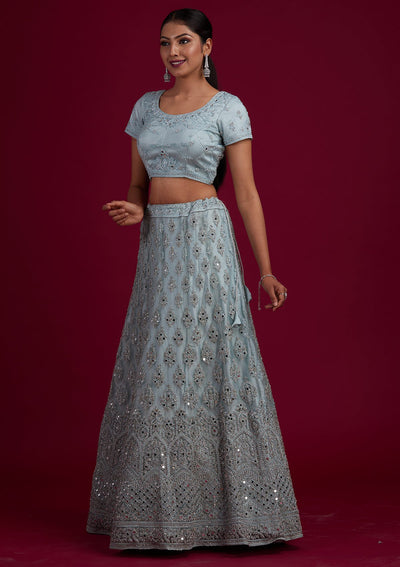 Light Grey Mirrorwork Net Designer Semi-Stitched Lehenga - Koskii