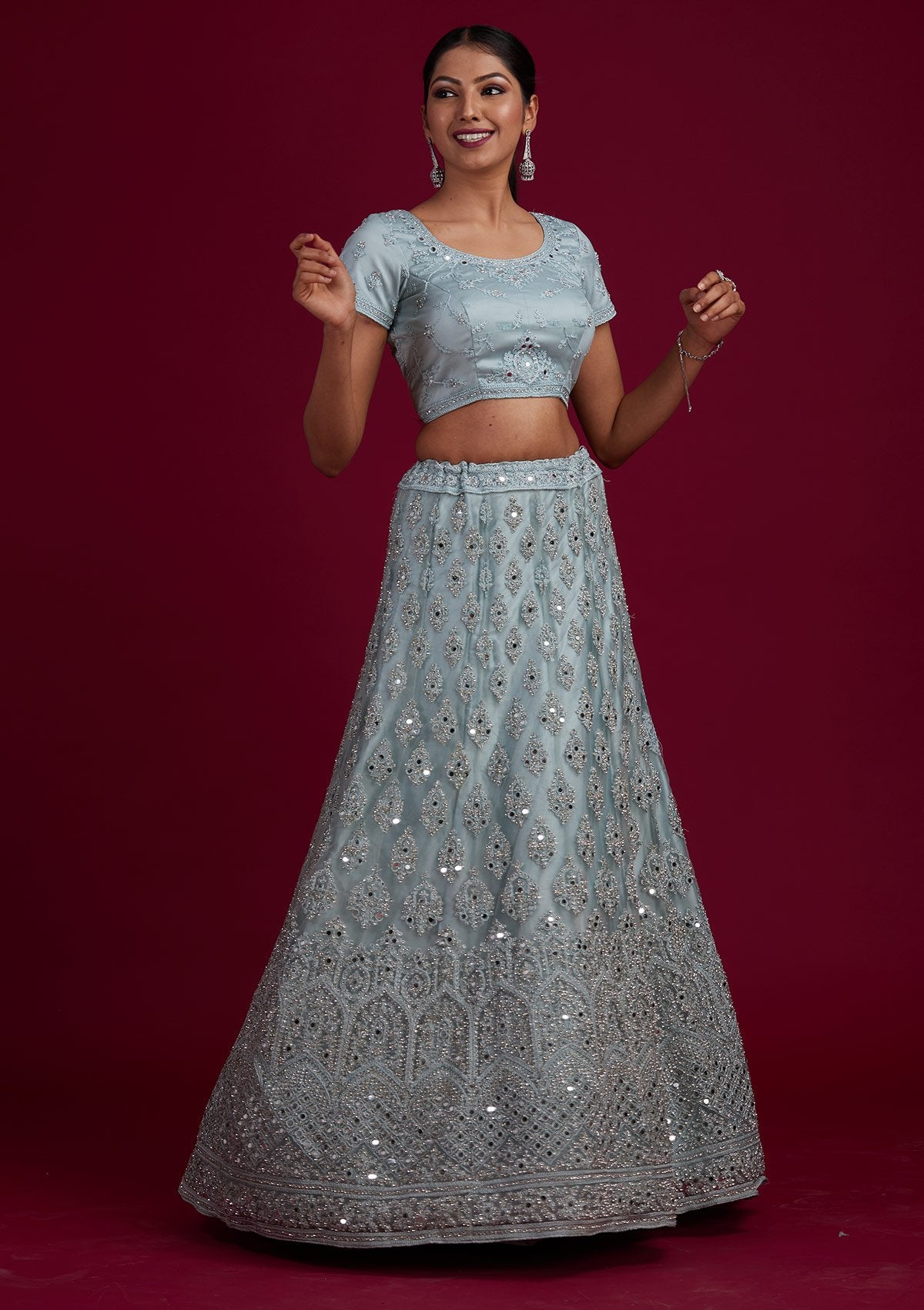 Light Grey Mirrorwork Net Designer Semi-Stitched Lehenga - Koskii