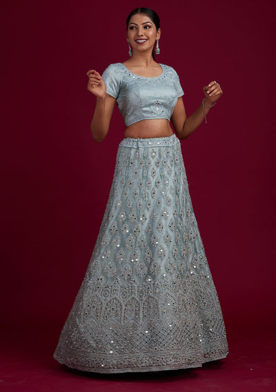 Light Grey Mirrorwork Net Designer Semi-Stitched Lehenga - Koskii