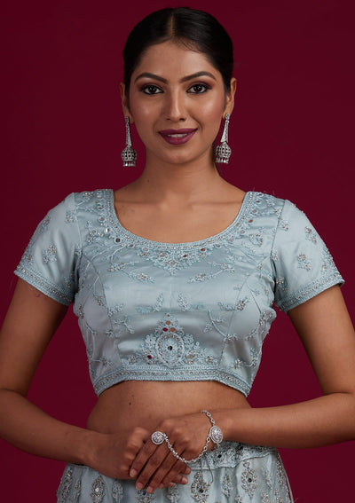Light Grey Mirrorwork Net Designer Semi-Stitched Lehenga - Koskii