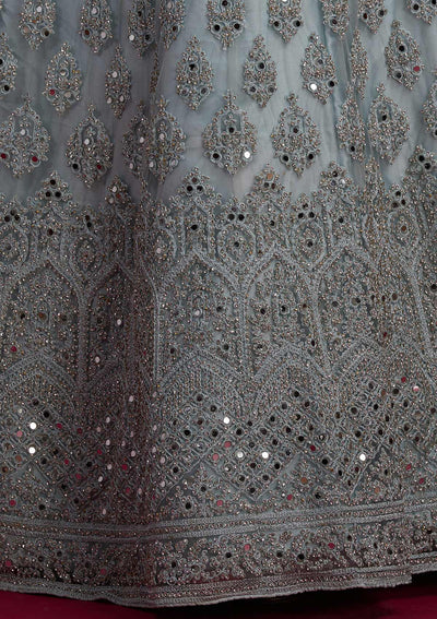 Light Grey Mirrorwork Net Designer Semi-Stitched Lehenga - Koskii