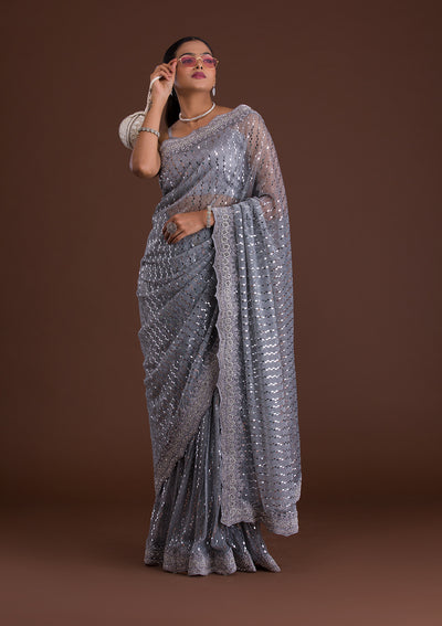 Light Grey Mirrorwork Net Saree-Koskii