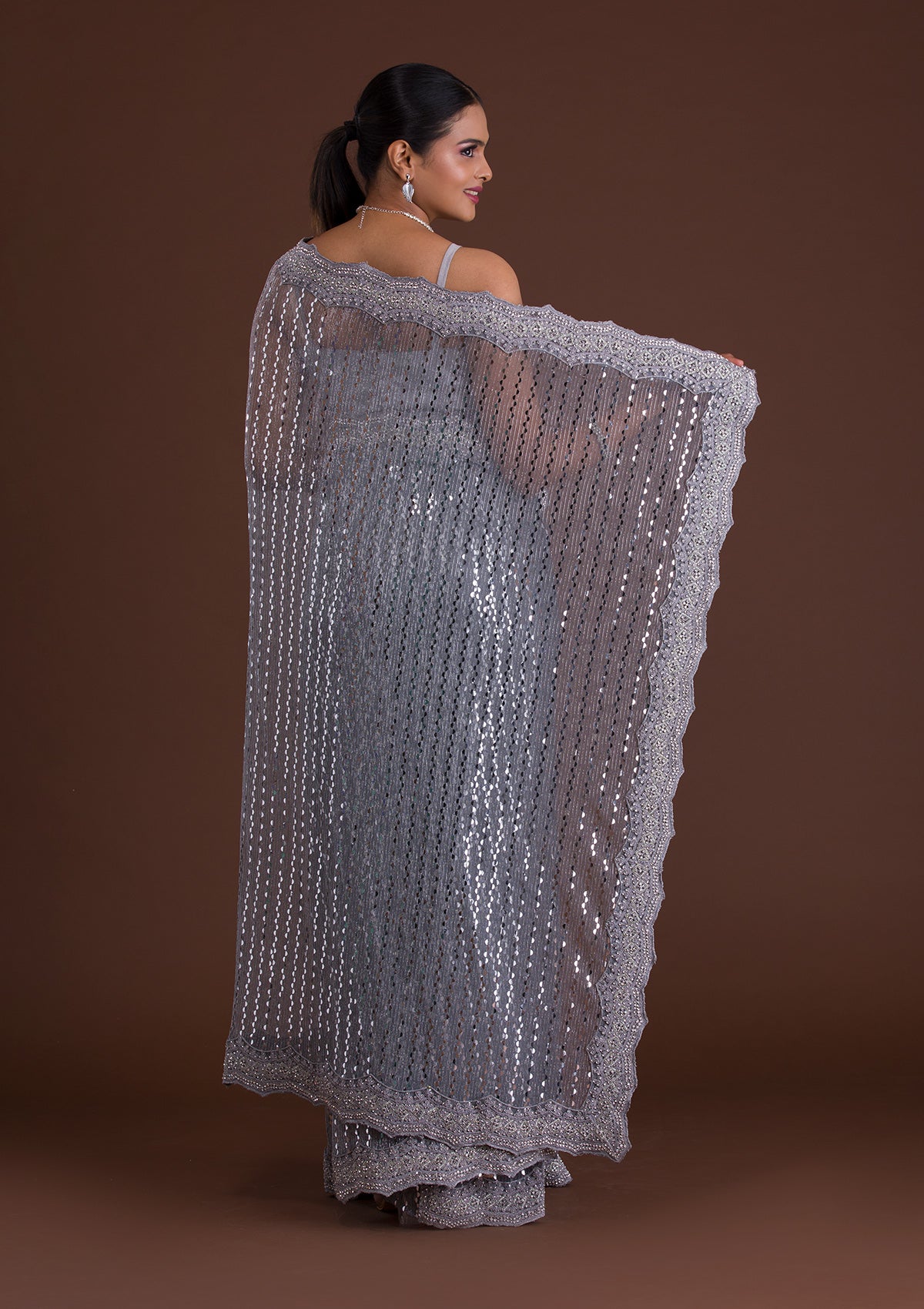 Light Grey Mirrorwork Net Saree-Koskii
