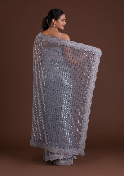 Light Grey Mirrorwork Net Saree-Koskii