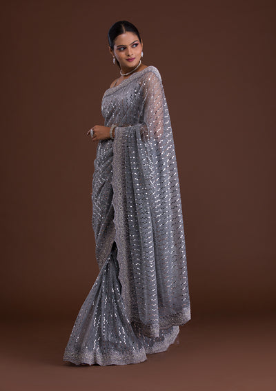 Light Grey Mirrorwork Net Saree-Koskii