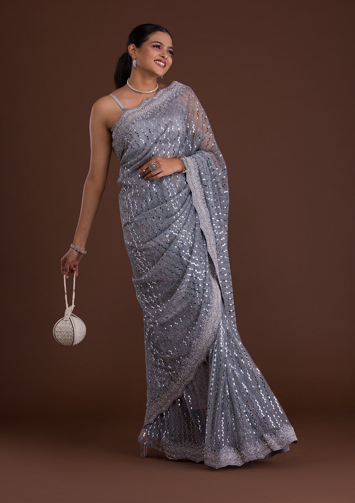 Light Grey Mirrorwork Net Saree-Koskii