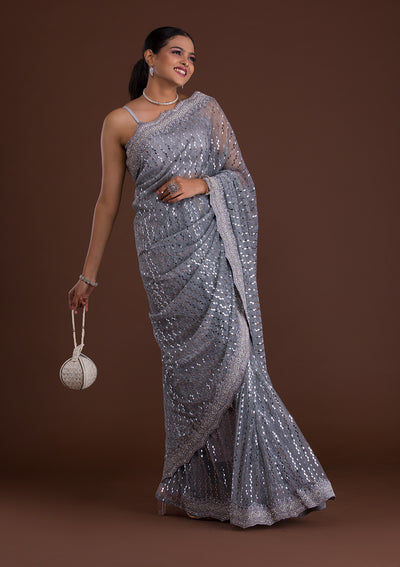 Light Grey Mirrorwork Net Saree-Koskii
