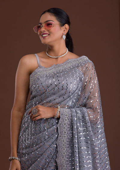 Light Grey Mirrorwork Net Saree-Koskii