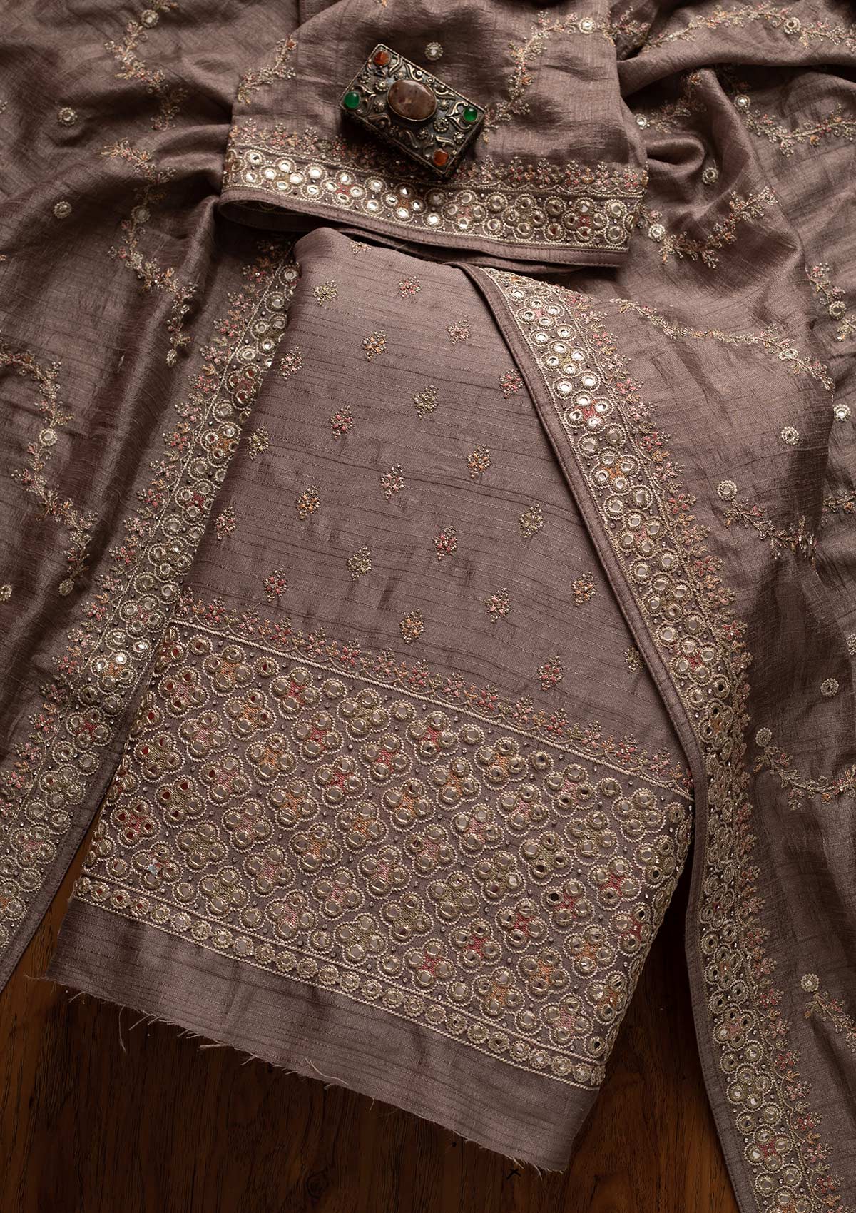 Light Grey Mirrorwork Raw Silk Designer Unstitched Salwar Suit - koskii