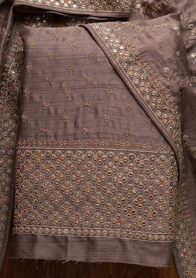 Light Grey Mirrorwork Raw Silk Designer Unstitched Salwar Suit - koskii