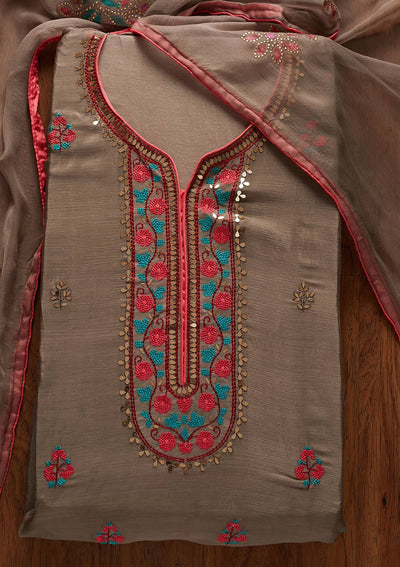 Light Grey Mirrorwork Semi Crepe Designer Unstitched Salwar Suit - koskii
