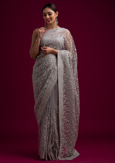 Light Grey Silver Zariwork Net Designer Saree - koskii