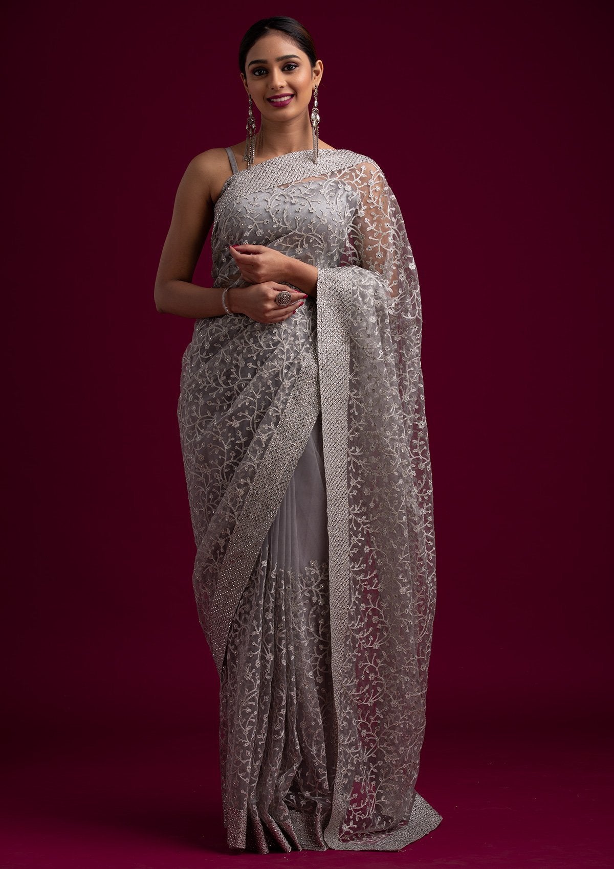 Light Grey Silver Zariwork Net Designer Saree - koskii