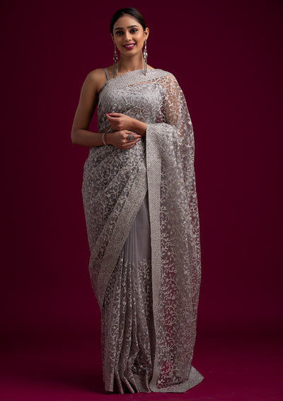 Light Grey Silver Zariwork Net Designer Saree - koskii