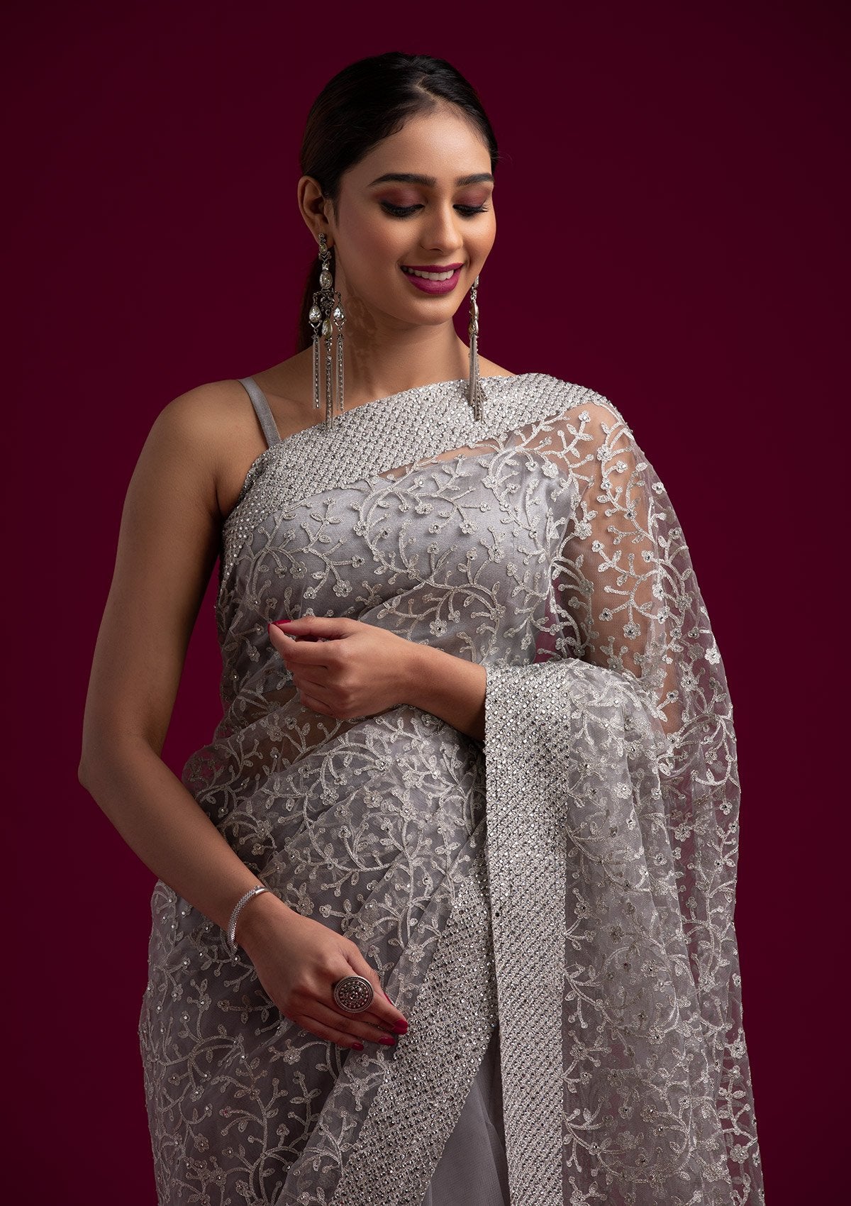 Light Grey Silver Zariwork Net Designer Saree - koskii