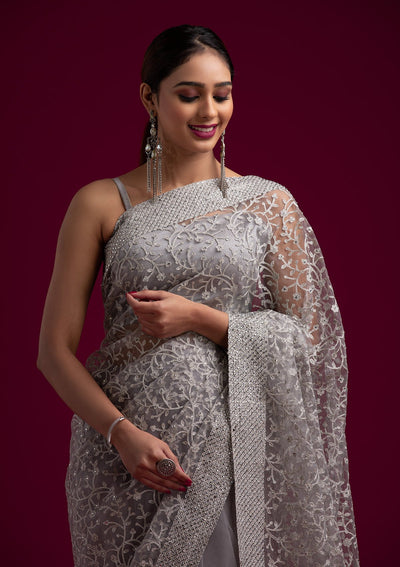 Light Grey Silver Zariwork Net Designer Saree - koskii