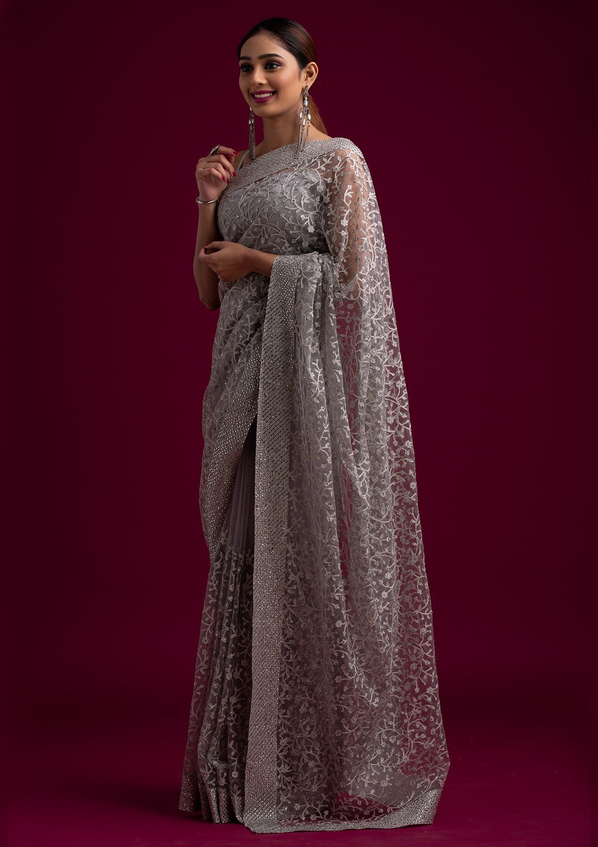 Light Grey Silver Zariwork Net Designer Saree - koskii