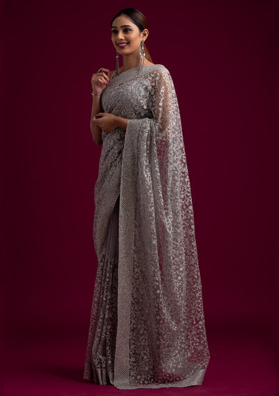 Light Grey Silver Zariwork Net Designer Saree - koskii