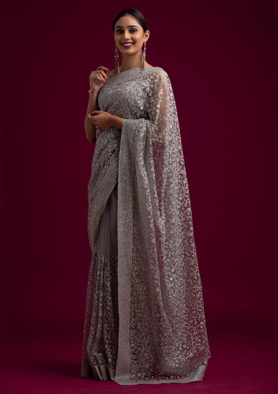 Light Grey Silver Zariwork Net Designer Saree - koskii