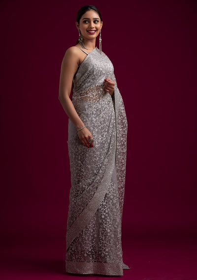 Light Grey Silver Zariwork Net Designer Saree - koskii