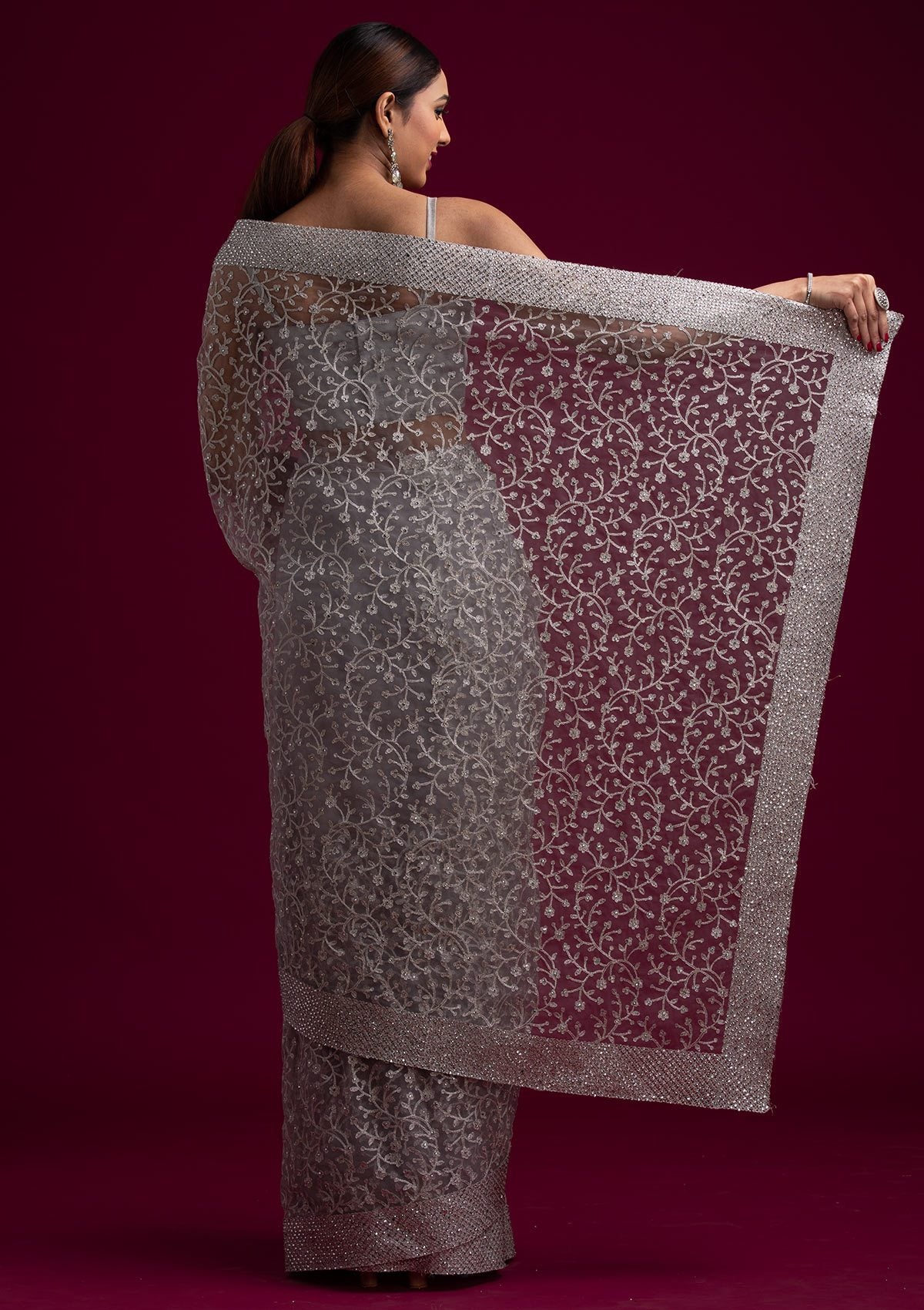 Light Grey Silver Zariwork Net Designer Saree - koskii