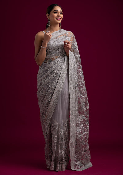Light Grey Silver Zariwork Net Designer Saree - koskii