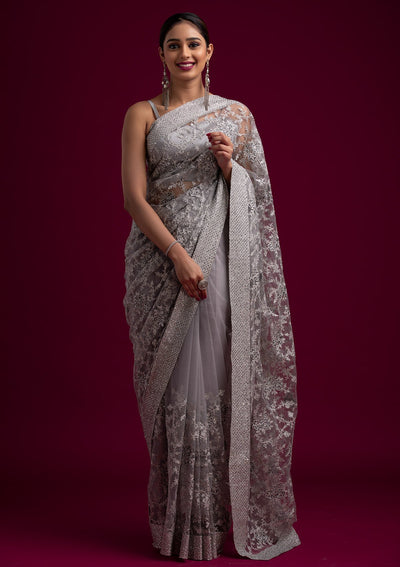 Light Grey Silver Zariwork Net Designer Saree - koskii