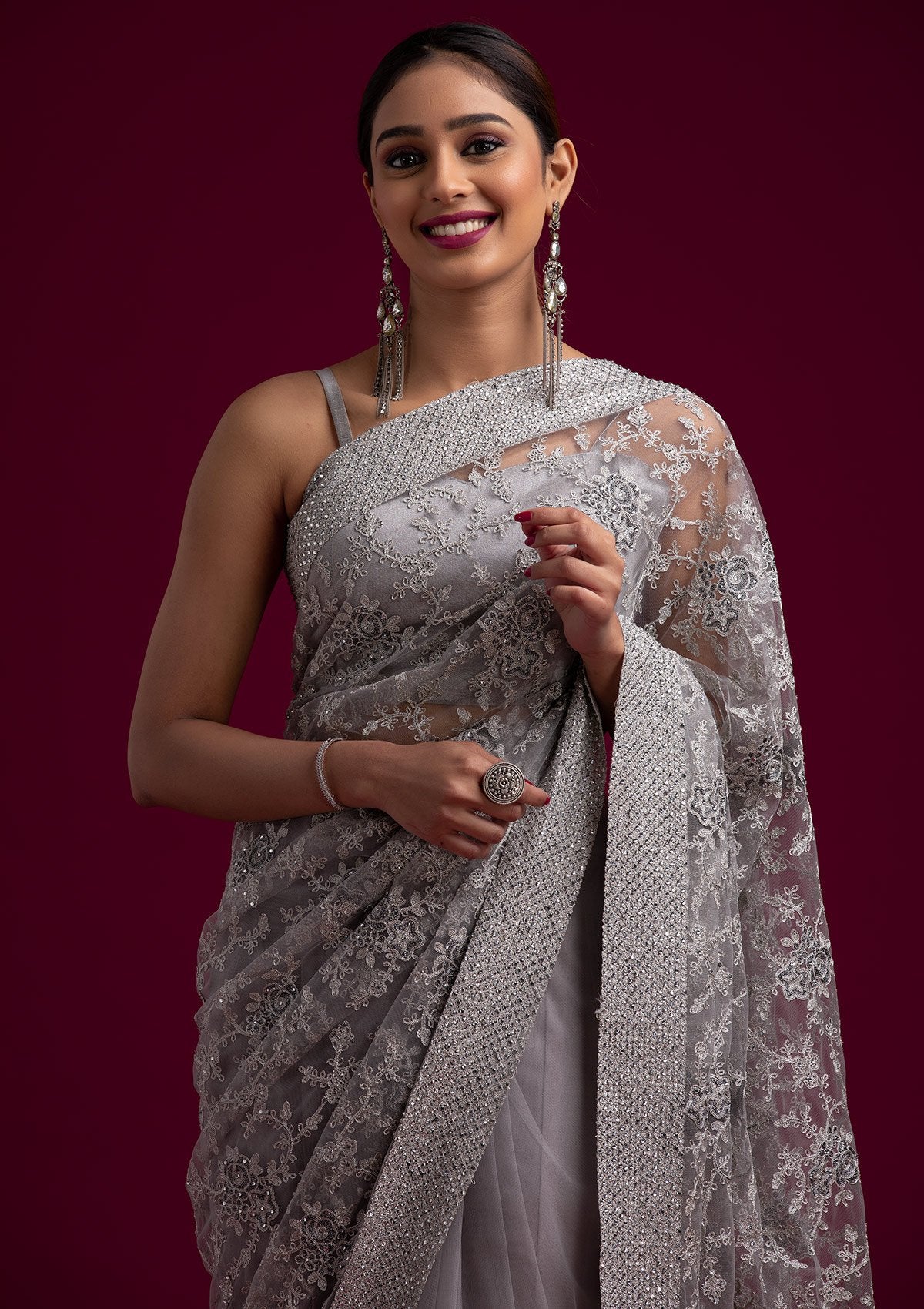 Embroidered Grey Saree With Blouse Latest 2497SR04