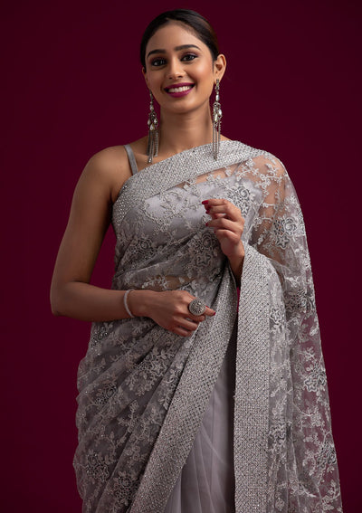 Light Grey Silver Zariwork Net Designer Saree - koskii
