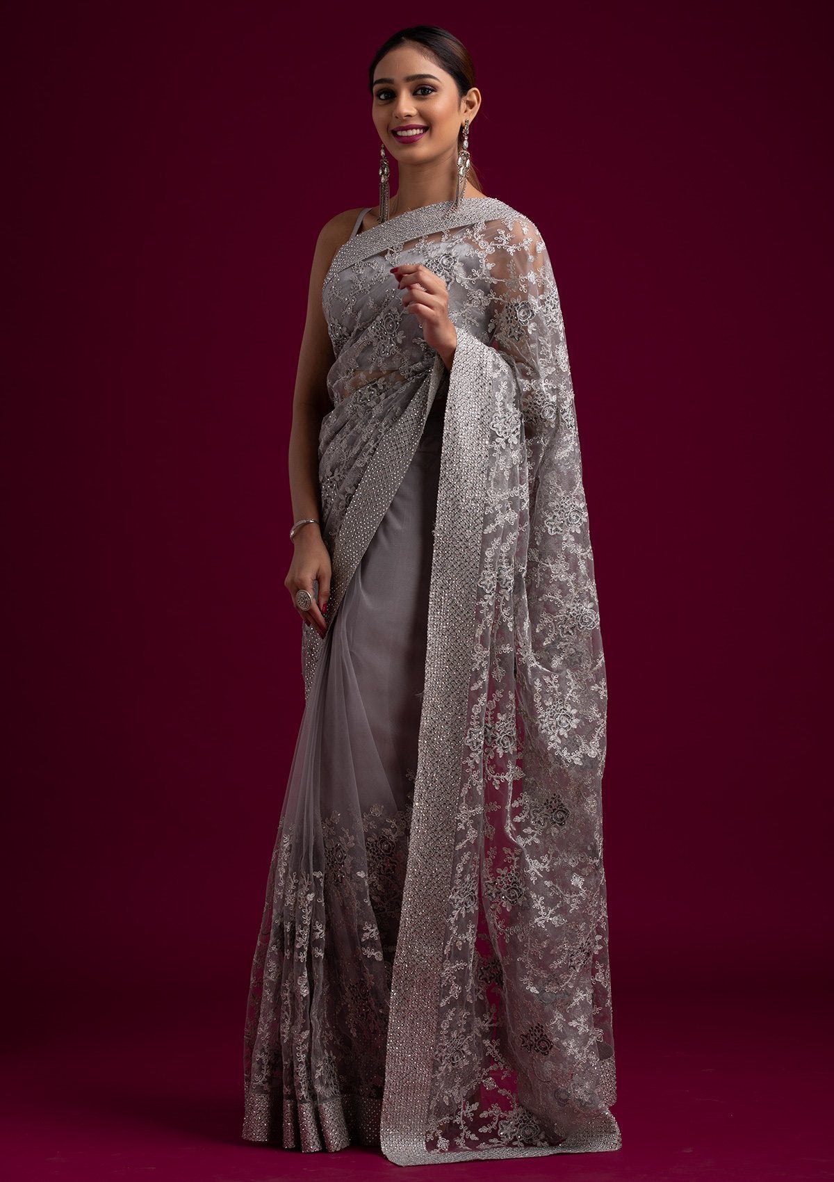 Light Grey Silver Zariwork Net Designer Saree - koskii