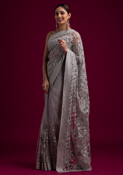 Light Grey Silver Zariwork Net Designer Saree - koskii