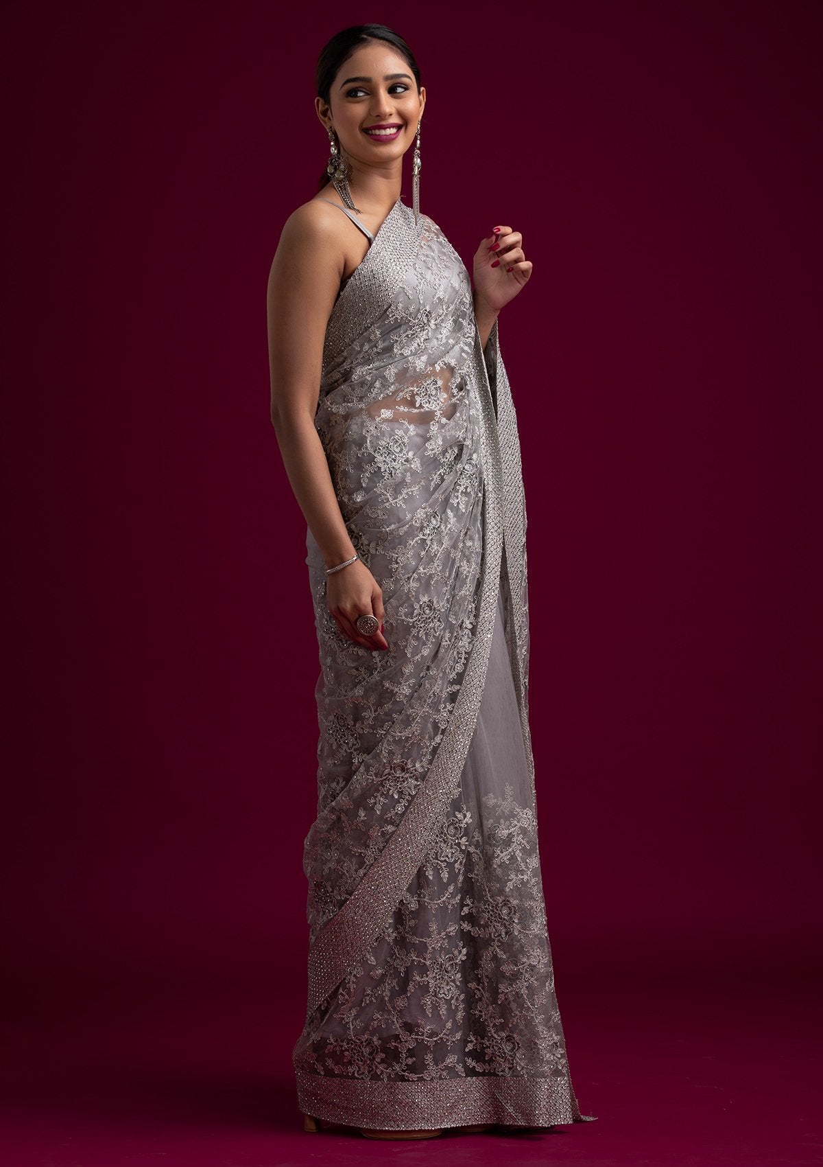 Light Grey Silver Zariwork Net Designer Saree - koskii