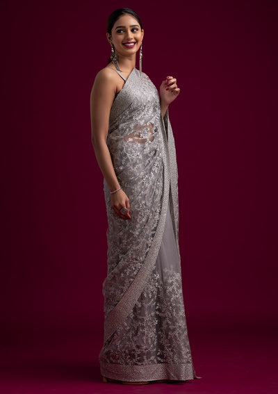 Light Grey Silver Zariwork Net Designer Saree - koskii