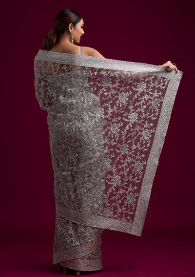 Light Grey Silver Zariwork Net Designer Saree - koskii