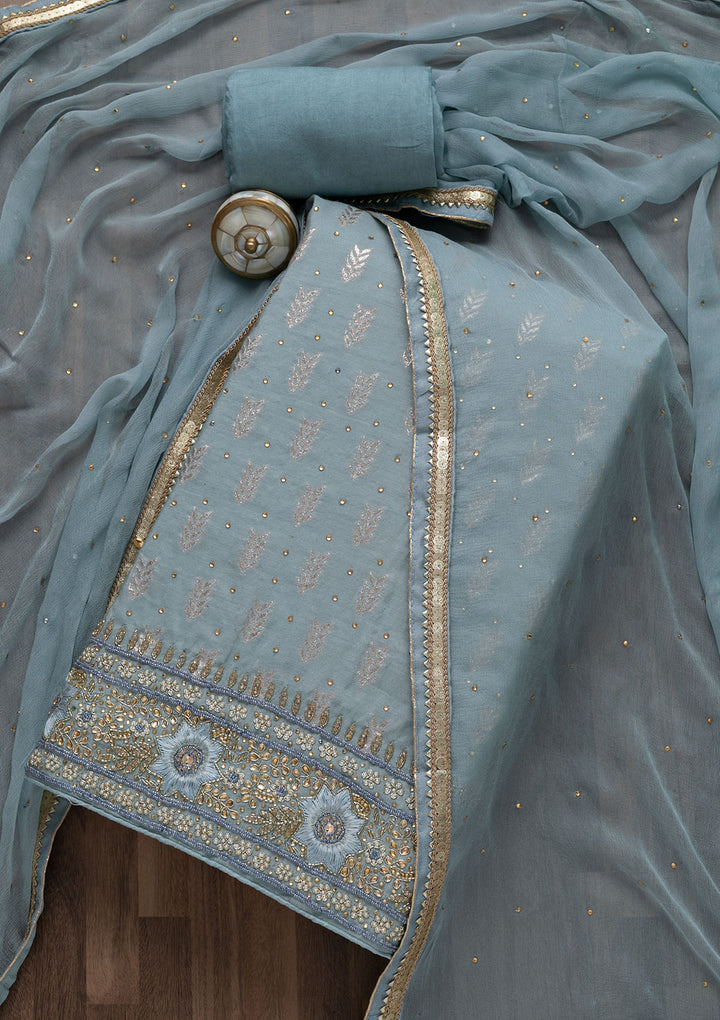 Light Grey Pearlwork Raw Silk Unstitched Salwar Suit-Koskii