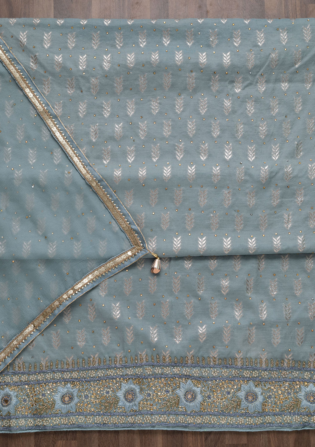 Light Grey Pearlwork Raw Silk Unstitched Salwar Suit-Koskii