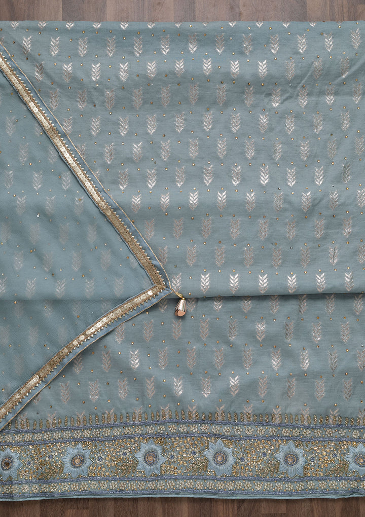 Light Grey Pearlwork Raw Silk Unstitched Salwar Suit-Koskii