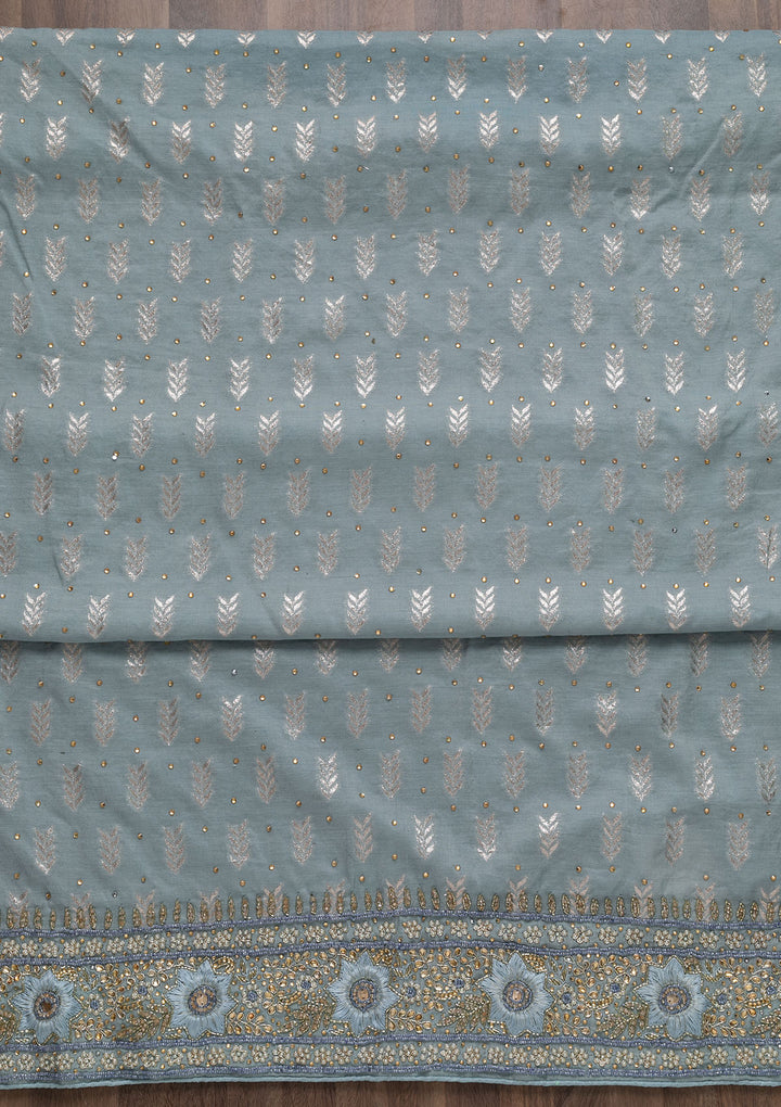 Light Grey Pearlwork Raw Silk Unstitched Salwar Suit-Koskii