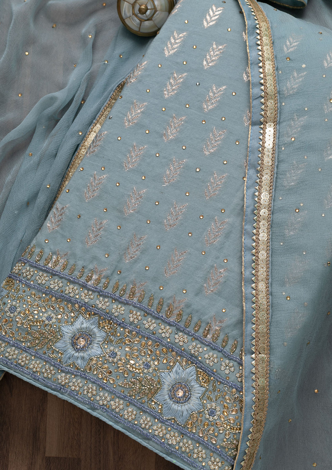 Light Grey Pearlwork Raw Silk Unstitched Salwar Suit-Koskii