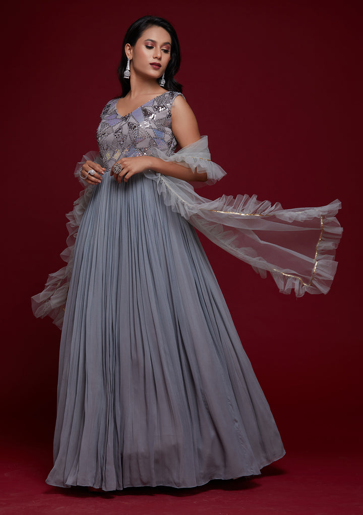 Light Grey Sequins Georgette Designer Gown - Koskii