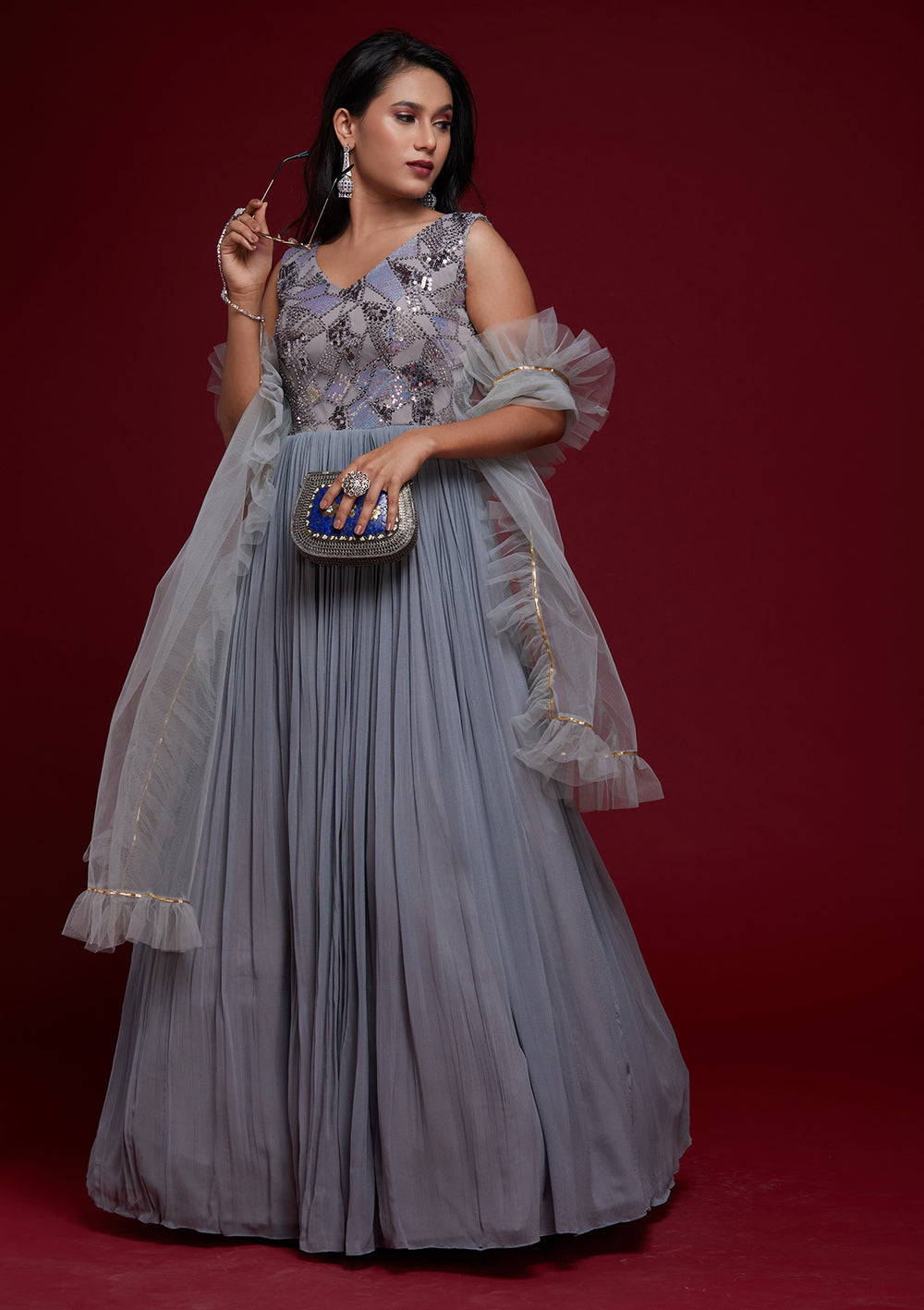 Light Grey Sequins Georgette Designer Gown - Koskii
