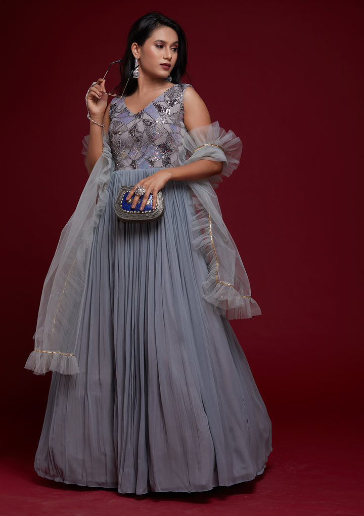 Light Grey Sequins Georgette Designer Gown - Koskii