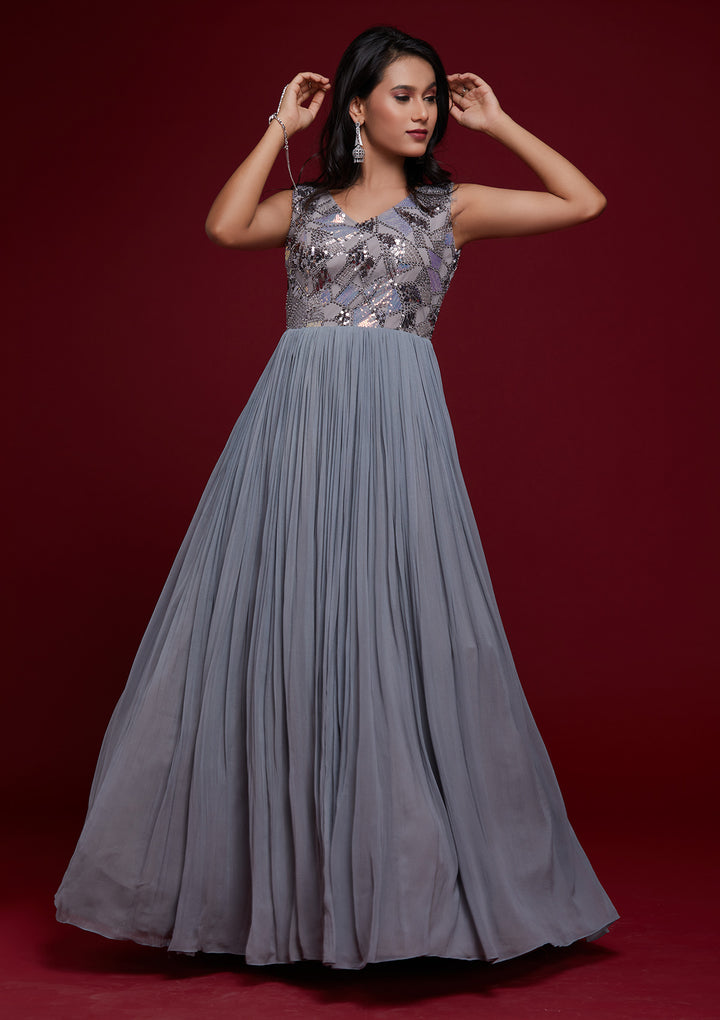 Light Grey Sequins Georgette Designer Gown - Koskii