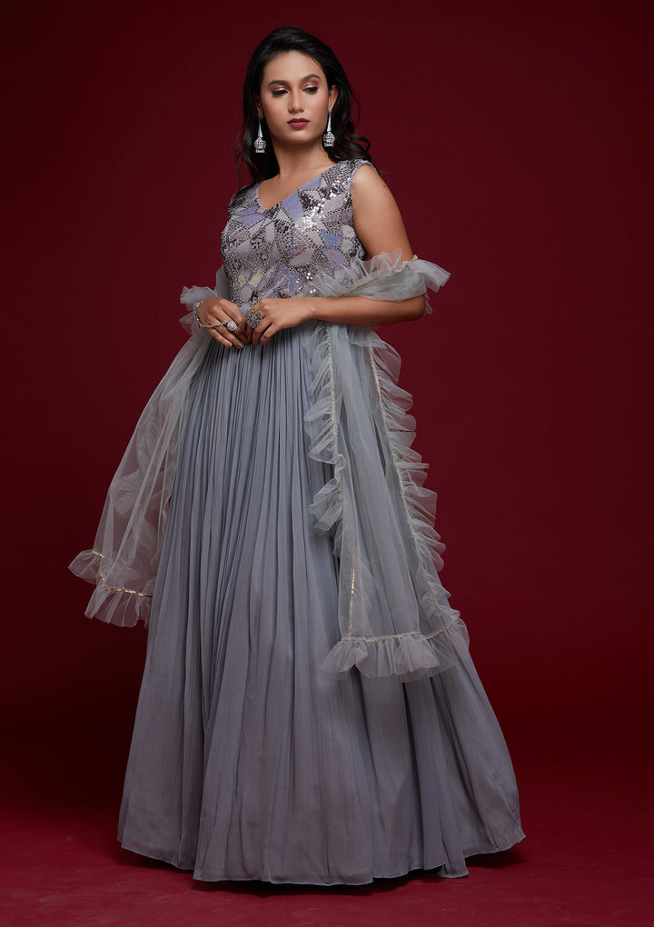 Light Grey Sequins Georgette Designer Gown - Koskii