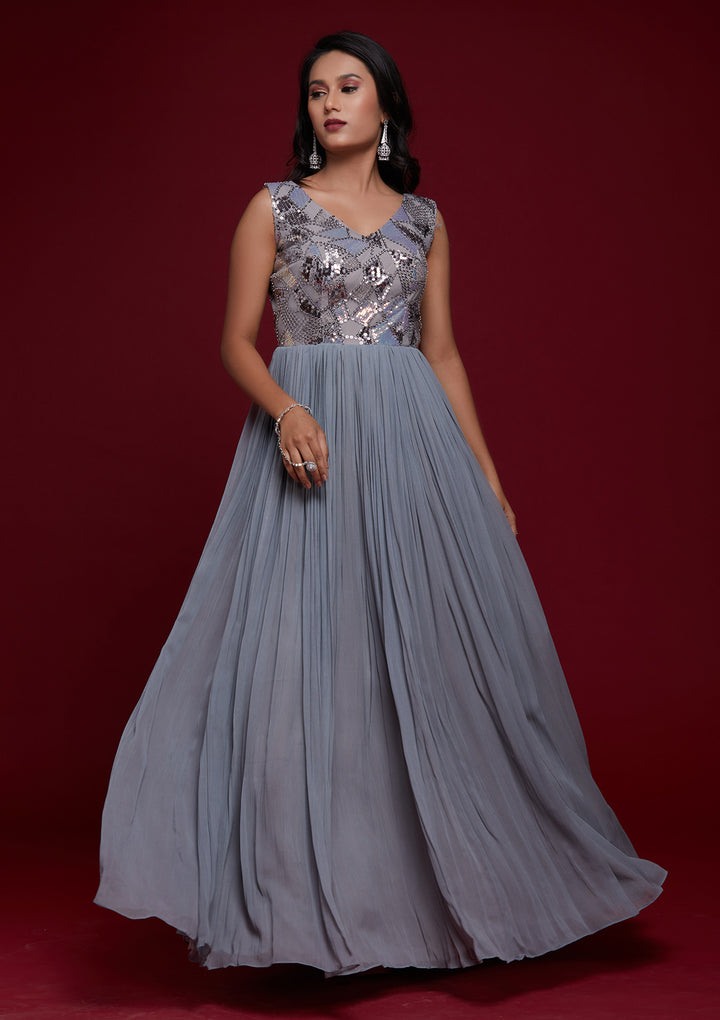 Light Grey Sequins Georgette Designer Gown - Koskii
