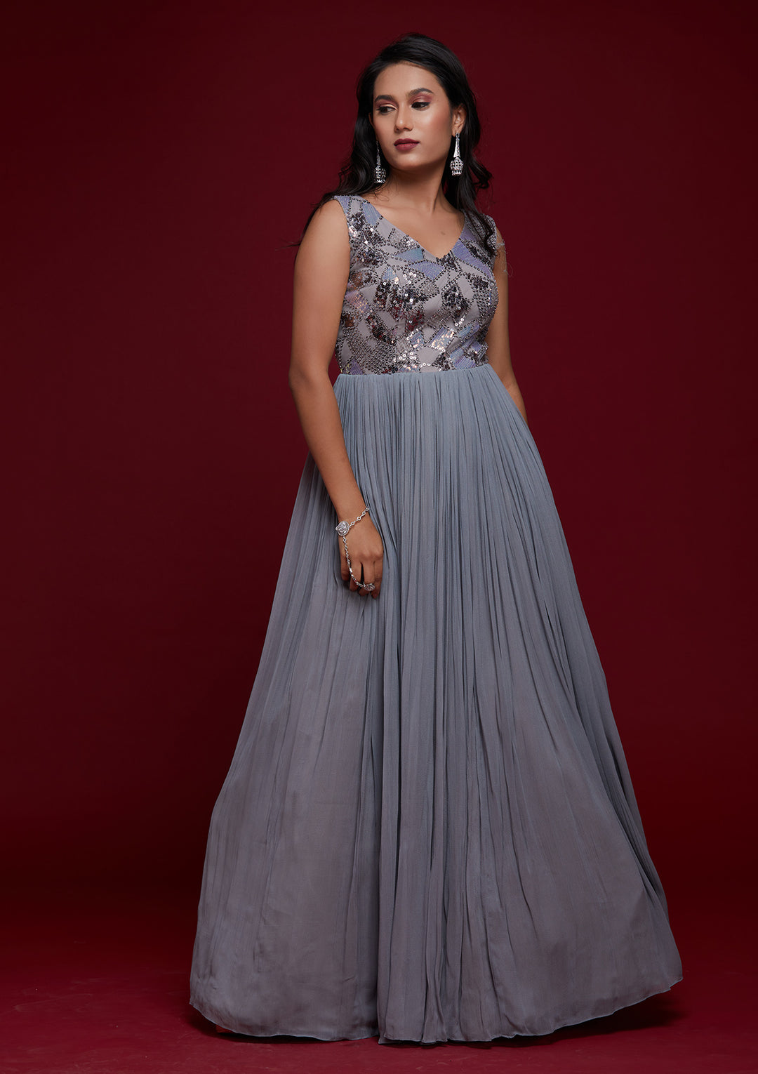Light Grey Sequins Georgette Designer Gown - Koskii