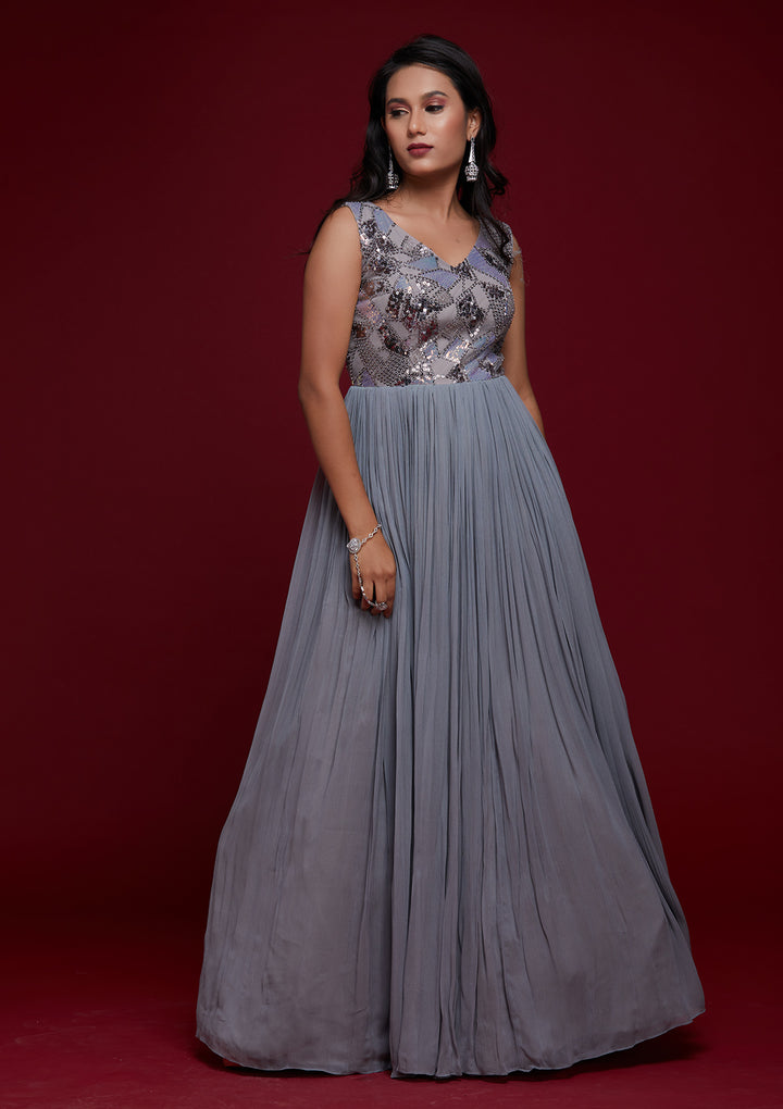 Light Grey Sequins Georgette Designer Gown - Koskii